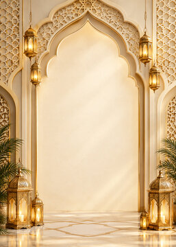 Islamic arch background with mosque sunrise view, Ramadan Kareem banner and copy space