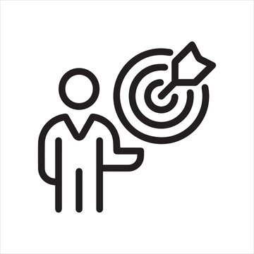 Successful strategy, aim, business mission, objective vision outline icon. Line sign man holding target with arrow. Vector isolated pictogram for web and app on white background editable stroke.