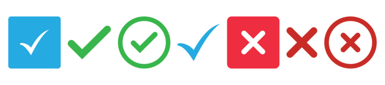Tick and cross signs. Green tick OK and red X cross. YES and NO. False and true, right and wrong. Correct and incorrect, accept and reject. Digital content