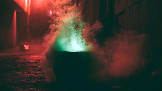 Halloween wallpaper, witch's cauldron bubbling with green smoke in a shadowy back alley, warm pumpkin glow against dark night