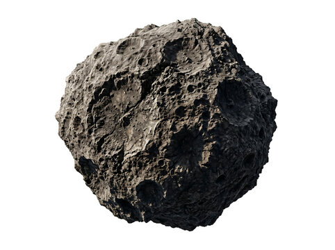 Isolated asteroid with cratered surface | Realistic 3D space rock meteoroid | Deep space celestial body illustration | Asteroid belt object on white background