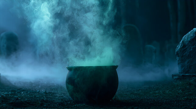 Halloween wallpaper, witch's cauldron bubbling with green smoke in a misty graveyard, eerie and chilling atmosphere, midnight blue and silver palette, cinematic photography style, rich moody textures