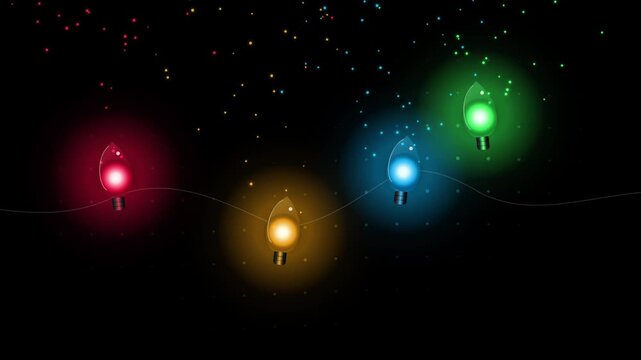 A string of colorful glowing christmas light bulbs hanging against a dark background with festive sparkles