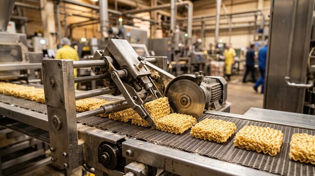 Industrial food processing line packaging cheese sticks on conveyor belt