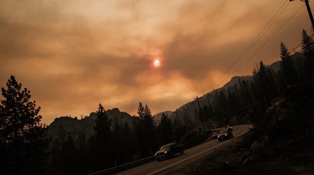 Smoky sunset on highway with hazy mountain backdrop