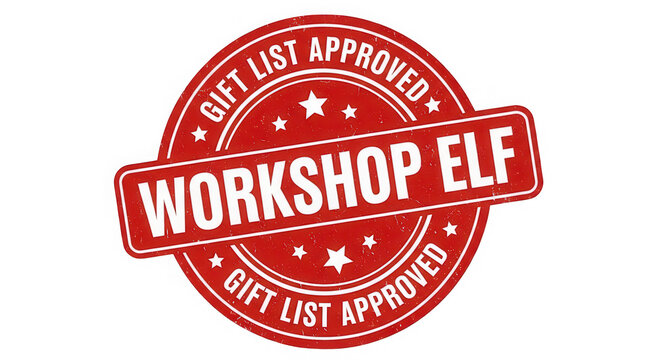 A red stamp with the words workshop elf and gift list approved isolated on transparent background