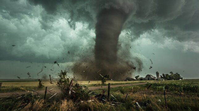 Dramatic tornado destruction in stormy rural landscape