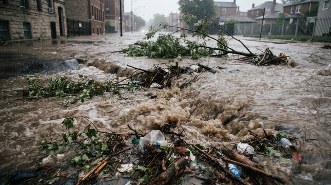 Flooded urban street with debris and overflowing water damage