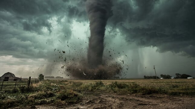 Dark storm tornado destroying dry grassy field under ominous clouds