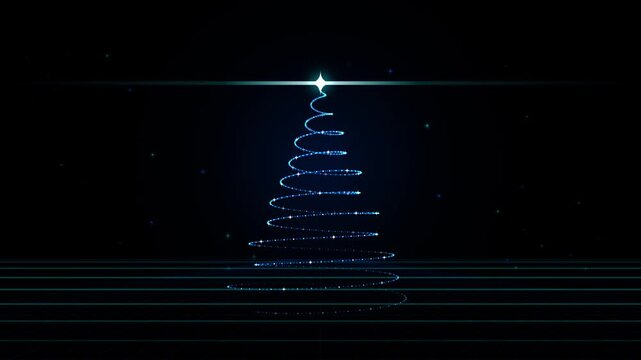 Digital glowing christmas tree made of light particles on dark background