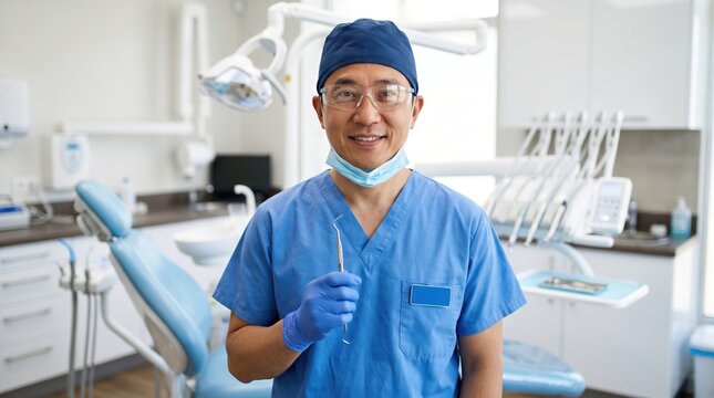 Professional dentist holding tools in modern clinic smiling at camera