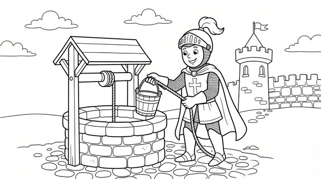 Little knight drawing water from a stone well near a castle for kids coloring page