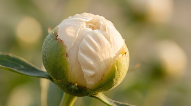 Delicate White Peony Bud, Unfurling Petals, Spring Blossom, Botanical Macro, Soft Focus Garden Beauty