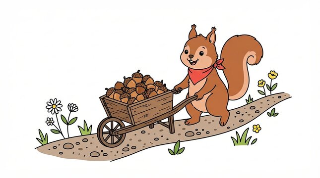 Cute cartoon squirrel pushing a wooden wheelbarrow full of acorns on a garden path
