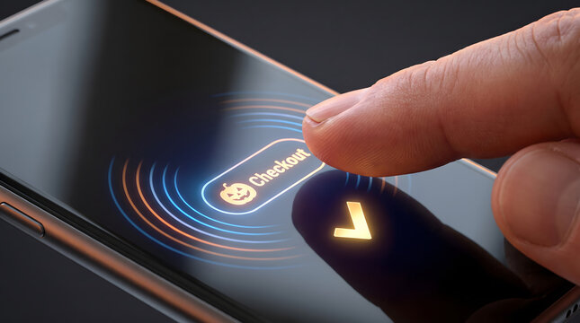 Hand pressing a checkout button on a smartphone screen during a spooky halloween online sale featuring glowing digital effects and retail concept