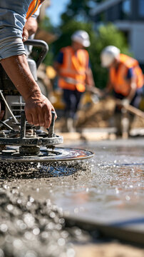 A concrete slab surface being finished with a power trowel, workers wearing appropriate safety gear in the background, focus on the smooth wet concrete texture and trowel motion, w