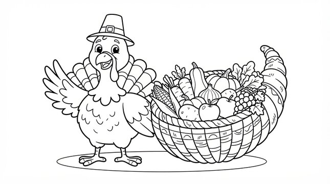 Cute thanksgiving turkey wearing a pilgrim hat standing next to a full cornucopia