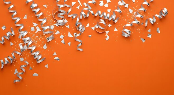 Silver metallic curled streamers and scattered triangle confetti on bright orange background with blank copy space for festive birthday party celebration or holiday banner template