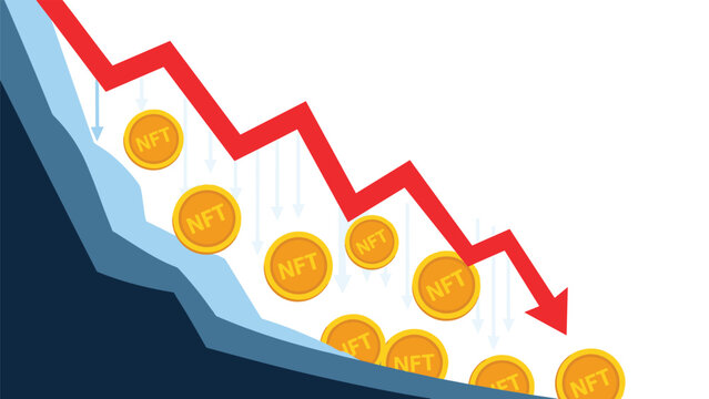 Multiple gold nft coins falling down red downward arrow graph representing non fungible token market crash, volatility, and financial loss.