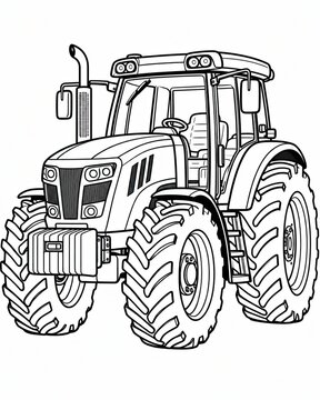 A black and white line art drawing of a large heavy agricultural farm tractor vehicle