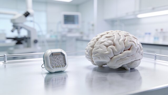 Human brain model beside advanced neural interface device in modern biomedical laboratory representing neuroscience research brain computer interface neural engineering medical technology artificial 