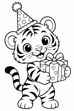Cute little tiger wearing a party hat and holding a birthday present gift box
