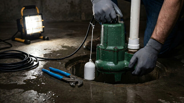Plumber installing sump pump in basement pit | Residential flood prevention drainage system | Submersible pump installation for waterproofing | Emergency basement plumbing repair