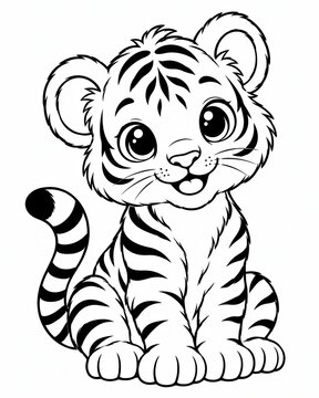 Cute baby tiger sitting and smiling illustration for kids coloring book page design