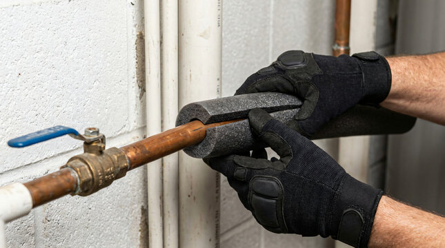 Professional plumber insulating copper pipes | Winterizing home plumbing with foam insulation | Preventing frozen pipes in basement | Energy efficient pipe insulation installation