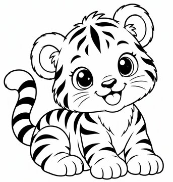 Cute baby tiger cub cartoon drawing sitting down for a coloring book page project