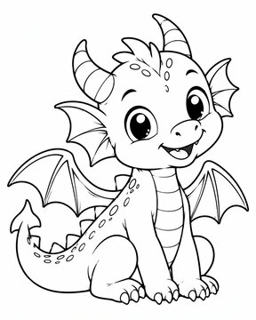 Cute little baby dragon sitting and smiling for a coloring page for children to draw