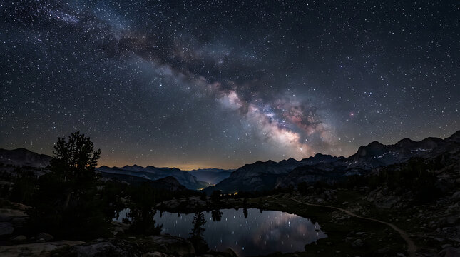Milky way galaxy over calm lake at night