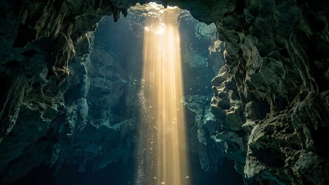 Underwater View of a Bright Sunbeam Piercing the Deep Waters of a Cenote