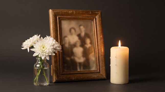 All Saints' Day flowers and candle beside family portrait