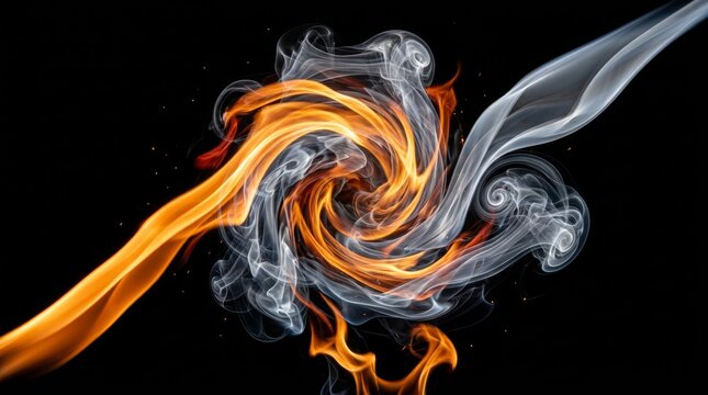 Vibrant whirl of orange flames and gray smoke set against black, evoking energy.