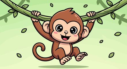 Cute monkey hanging from jungle vine green background. © xenpok