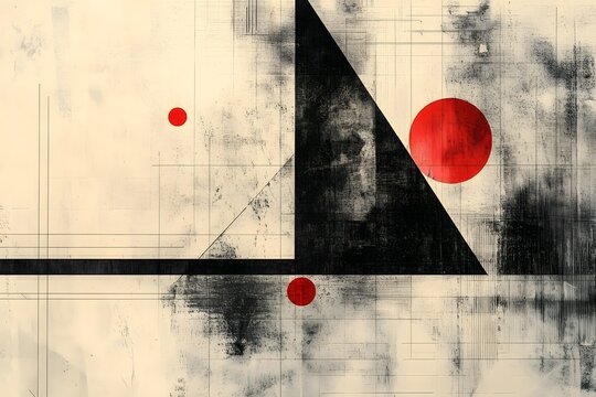 Black triangle and red circles on textured beige abstract background