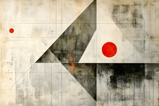 Abstract geometric composition with red circles on textured background