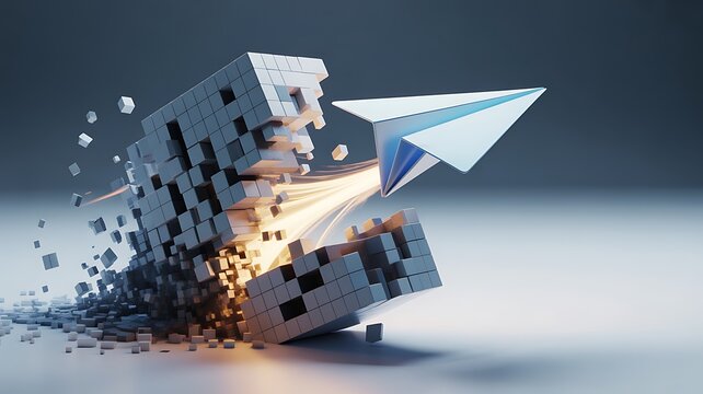 Paper plane breaking free from disintegrating pixel block launching upward, startup, freedom, digital transformation and breakout growth concept, 3d render