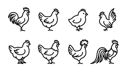 Fototapeta premium Line Drawing of Chickens: A collection of simple, outlined drawings of various chickens, including roosters, hens, and chicks, showcasing different breeds and poses in a clean, minimalist style.