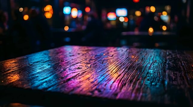 Empty rustic wooden table surface with vibrant neon blue and purple light reflections in a dark bar interior background with soft bokeh city lights for product placement or copy space