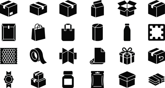 Set of black and white icons representing various types of shipping boxes packaging materials and delivery supplies