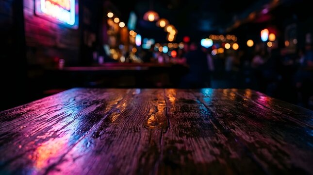Close up of an empty rustic wooden table top with reflections in a dimly lit bar interior, featuring colorful bokeh neon lights and a blurred nightlife background for montage product display.