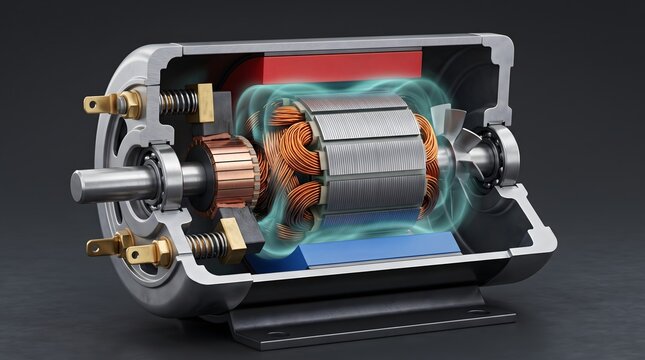 Electric motor cross section reveals internal components and energy flow