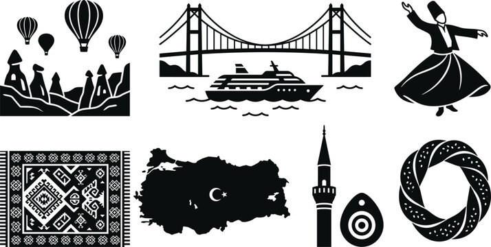 Turkey travel icons vector illustration featuring Cappadocia, Bosphorus bridge, Whirling Dervish for tourism design