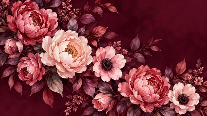 Obraz premium Elegant watercolor floral arrangement with pink and deep red peonies and anemones on a dark burgundy background