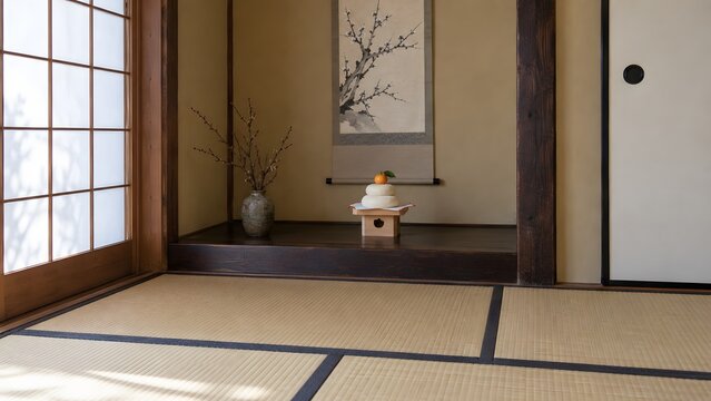 japanese tatami room with kagami mochi displayed in a tokonoma alcove
