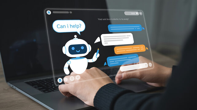 Person interacting with a chatbot interface on a transparent screen over a laptop artificial intelligence