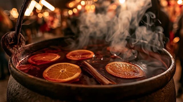 Macro of steaming hot mulled wine punch in a large cauldron at Christmas market