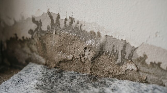 a severely water damaged damp wall with peeling paint and moisture leakage in a house.